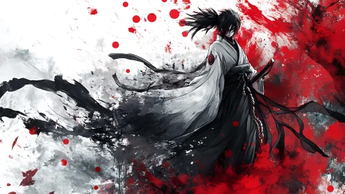 Samurai warrior emerges from abstract ink and blood vortex