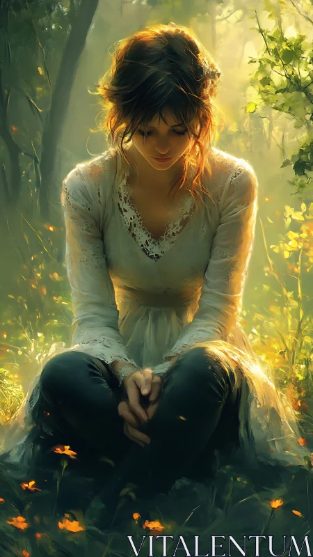 Melancholic woman in sunlit forest rendered as digital painting