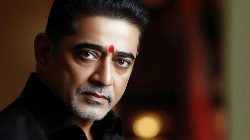 Warm portrait of a thoughtful man with a bright red tilak.