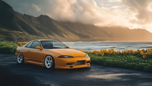 Golden sports car resting by a calm ocean road at sunset.