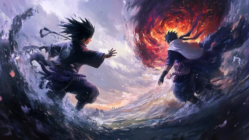 Storm-torn ninja rivals racing toward a burning sky vortex.