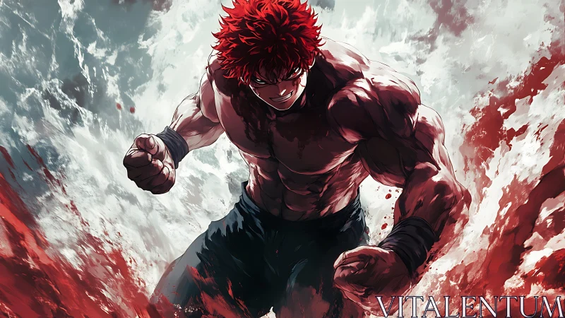 Red haired fighter unleashes furious power in blood mist.