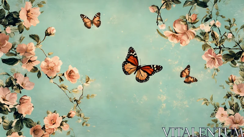 Monarch butterflies over teal sky with blooming roses.