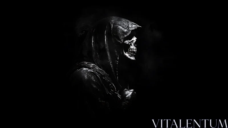 Side profile skeletal figure in hooded cloak on black field.