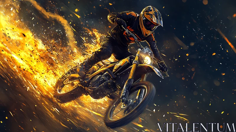 Motocross rider powers through firestorm with dynamic sparks.
