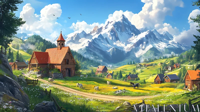 Idyllic alpine village rendered in luminous digital landscape art