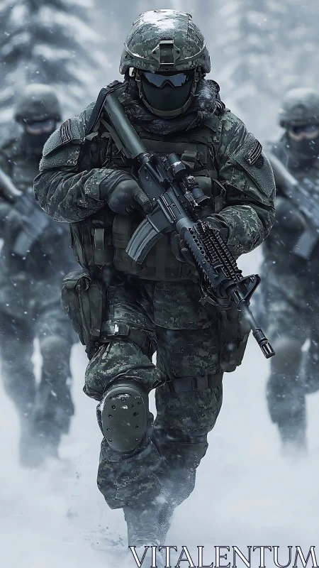 Armed soldier squad advancing through snowy forest scene.