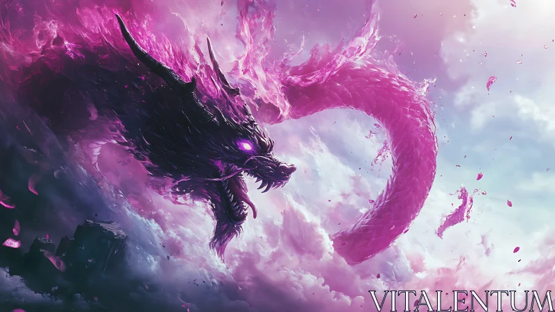 Celestial storm dragon coils through neon sakura clouds.
