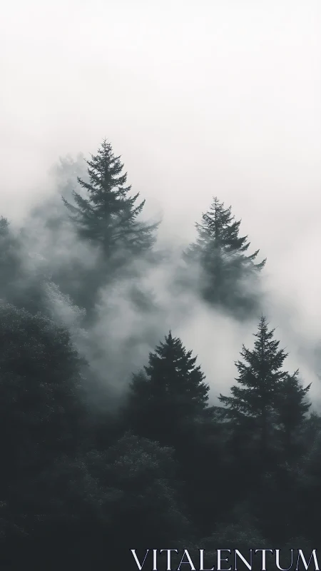 Fog covered conifer forest with layered treetops in mist.
