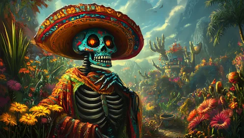 Skeleton in sombrero stands in dense, colorful floral valley