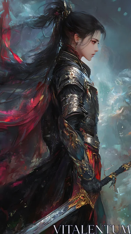 Side-profile warrior heroine in ornate black lamellar armor