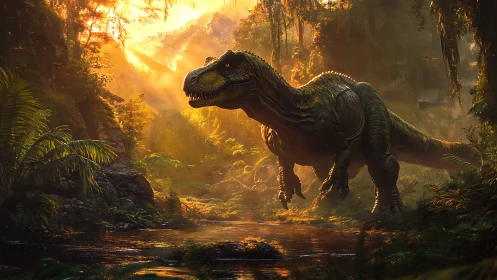 Tyrannosaurus rex rendered in dense prehistoric jungle habitat.