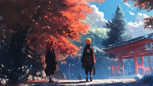Autumn shrine path with cloaked anime duo in vibrant light.