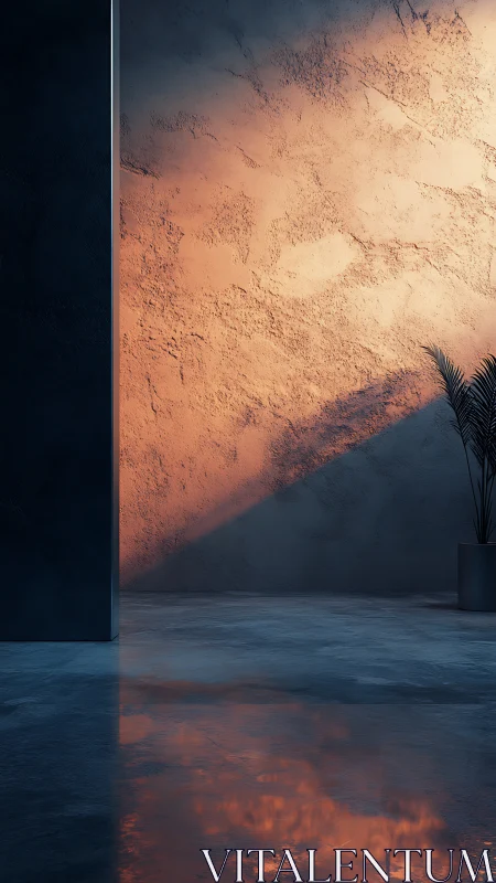 Sunlit concrete wall casts warm glow on sleek minimal floor