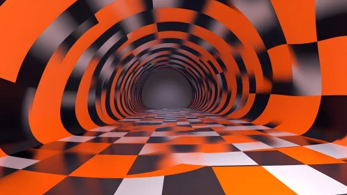 Abstract tunnel with orange and black checkered pattern, digital art.