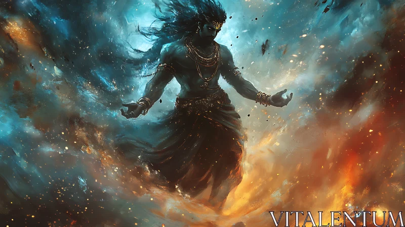 Celestial warrior levitates amid turbulent nebular fire and plasma