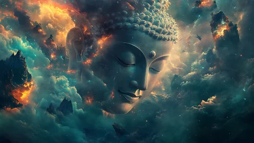 Colossal stone Buddha head in luminous cosmic cloudscape.