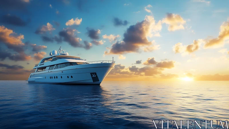 Luxury yacht glides across a golden ocean at tranquil sunset