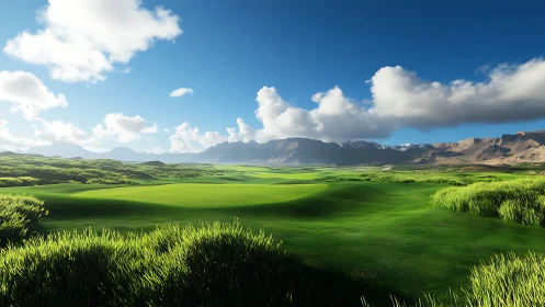 Sunlit mountain golf fairway rendered in hyperreal detail