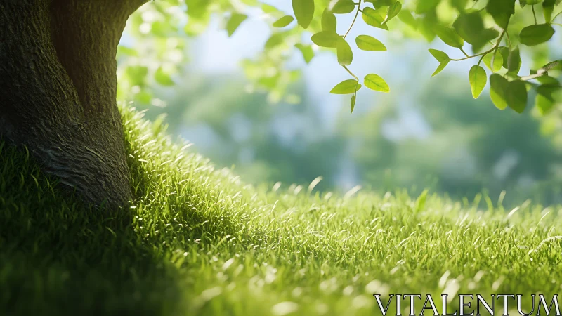 Tree trunk close-up beside sunlit grass slope in spring.