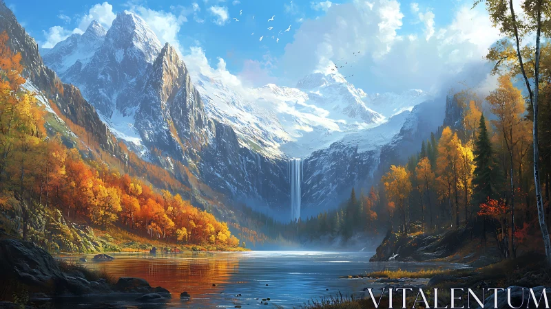 Mountain lake panorama with waterfall and autumn forest.