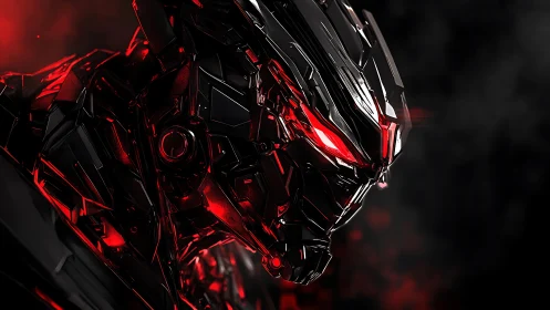 Chromed robotic head with red illuminated accents in shadow.