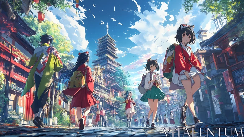 Anime street scene depicts students amid detailed pagoda skyline