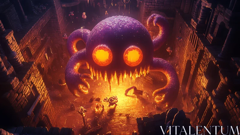 Giant glowing tentacle monster dominates narrow dungeon corridor