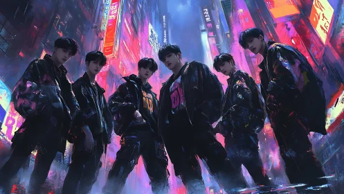 Cyberpunk street crew under neon canyon perspective framing.