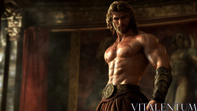 Heroic warrior under warm rim lighting stands in ornate hall