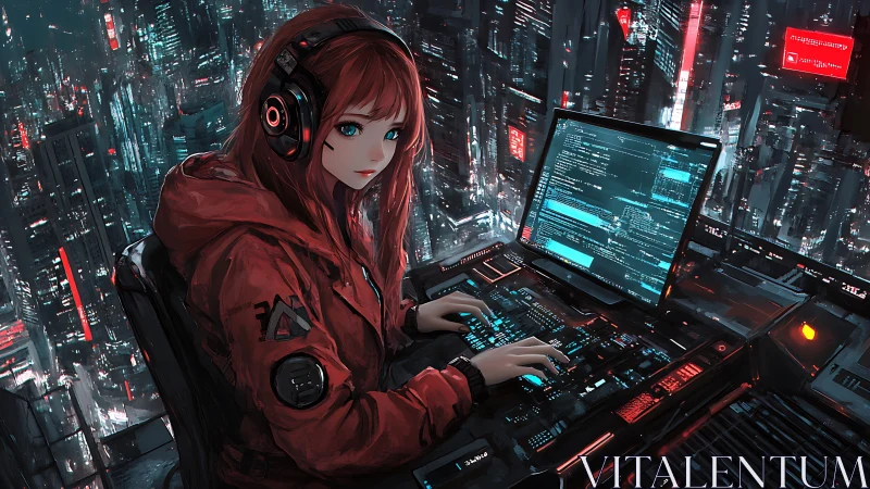 Cyberpunk redhead hacker commands neon city mainframe.