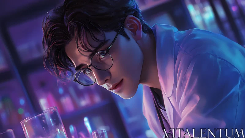 Bioluminescent lab chemist under neon spectral lighting.