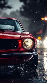 Red classic muscle car front in rain with shallow depth of field.