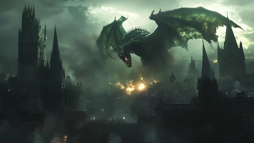 Green dragon over burning gothic city under smoke-filled sky.