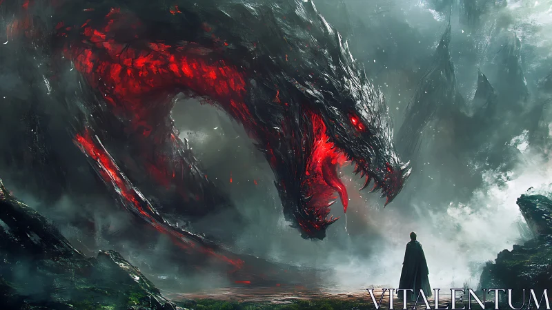 Lone cloaked hero confronts colossal dragon in burning mist