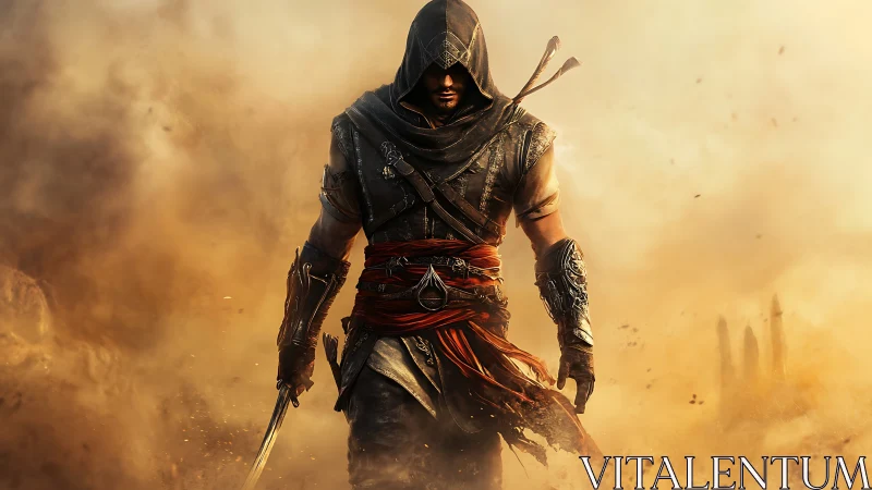 Hooded desert warrior strides through swirling golden sandstorm