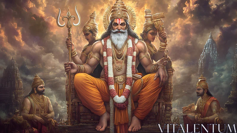 Central seated deity with attendants in ornate temple setting.