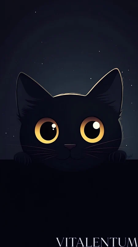 Luminous Black Cat Portrait with Golden Eyes Against Starlit Sky