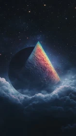 Lunar crescent sphere intersected by prismatic cratered pyramid in nebula