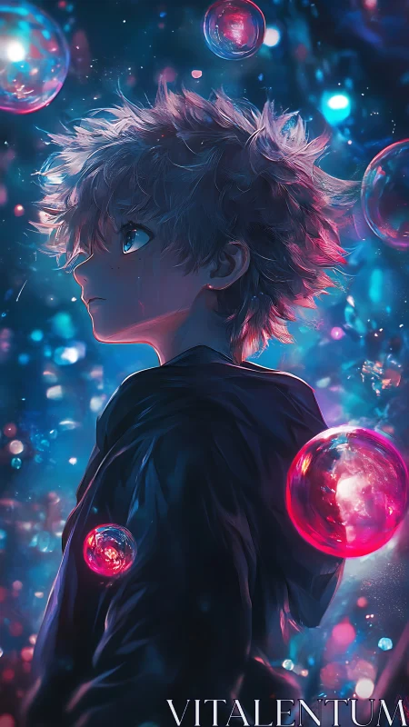 Celestial backlit anime youth amid luminous floating orbs