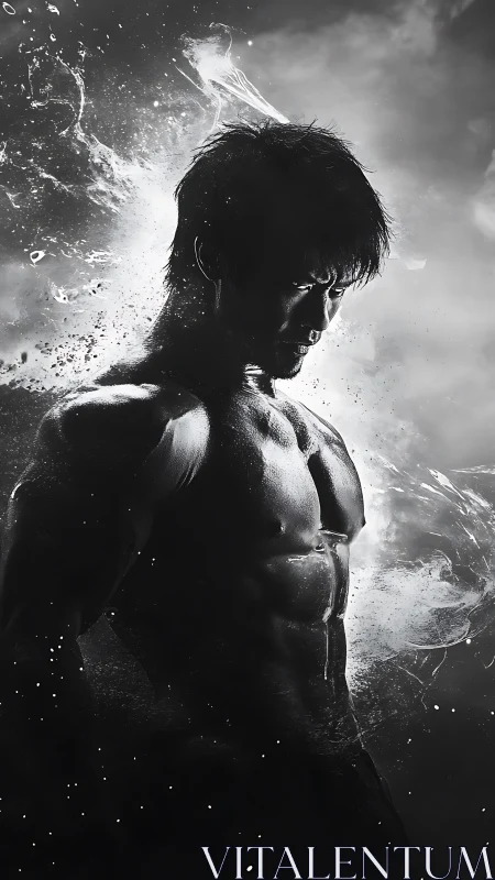 Monochrome male torso with water splash effects profile.