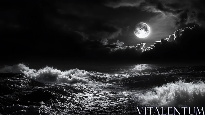 Monochrome moonlit storm waves under dramatic cloud cover.