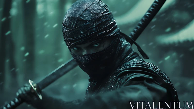 Stealthy masked ninja with katana in snowy forest scene.