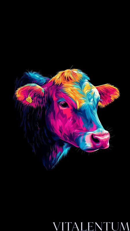 Neon cow stares calmly from a midnight field of black