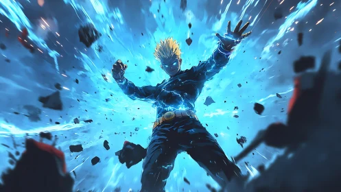 Electric-powered anime figure amid blue energy burst.