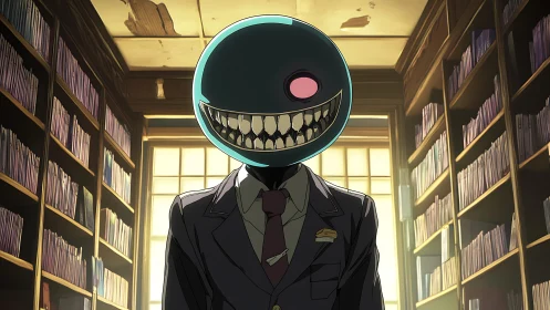 Smiling library guardian with an eerie, playful charm.