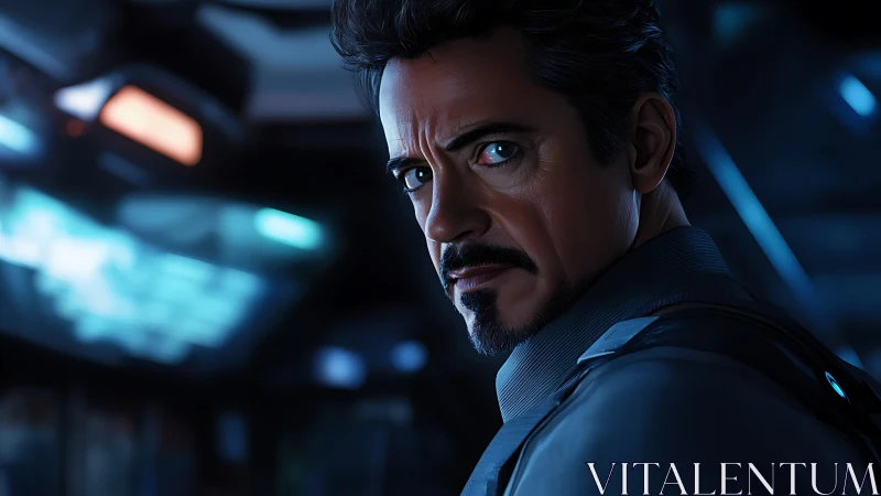 Brooding sci fi hero in moody blue control room light