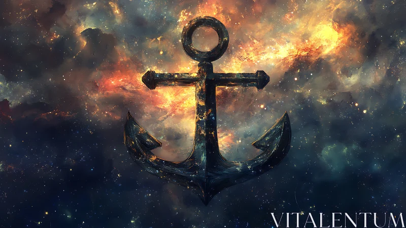 Celestial anchor silhouette overlays nebula-rich deep space background