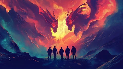 Five figures confront twin fire dragons in blazing canyon