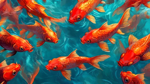 Vibrant koi carp school rendered in dynamic digital strokes